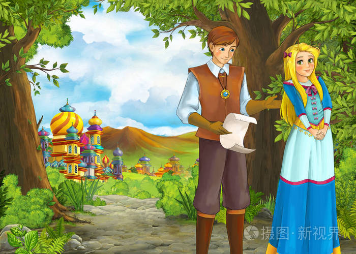 卡通自然风景与美丽的城堡王子和王子