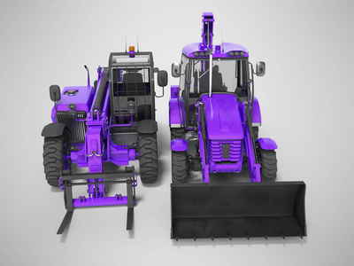 三维渲染紫色装载设备反铲装载机和挖掘