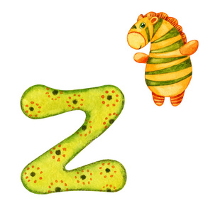 带图片的多色卡通英文字母z.手特写水彩插图孤立在白色背景上.