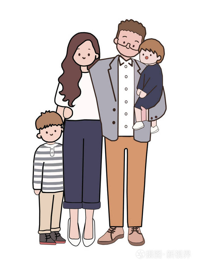 可爱的卡通家庭穿着衣服白底插图
