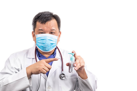 Asian medical doctor recommends face mask and hand sanitizer for