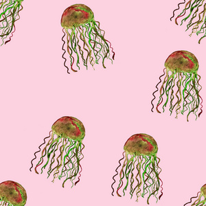 Jellyfish seamless watercolor on pink background. Marine style. 