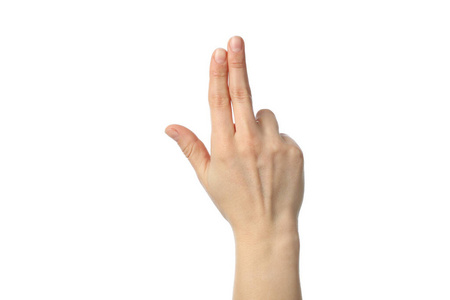 女人的手露出三个手指，孤立在白色背景上
