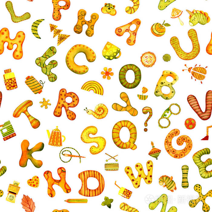 无缝图案.英文字母表,卡通图片字母表和蓬松的圆形字母.