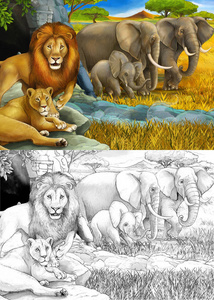 卡通素描和彩色狩猎场景狮子休息和大象在草地上为儿童插图