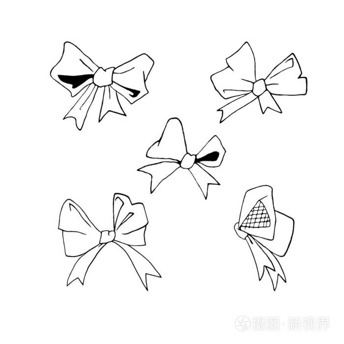 一套轮廓轮廓蝴蝶结丝带涂鸦艺术线条彩色书手绘简单插图复活节圣诞节