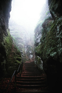 德国萨克森州拉坦附近，雾蒙蒙的楼梯穿过巴斯蒂比耶
