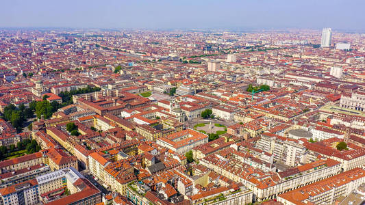 Turin, Italy. Flight over the city. Historical center, top view