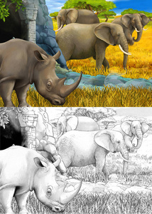 卡通素描和色彩场景与犀牛犀牛和大象在草地上的儿童插图