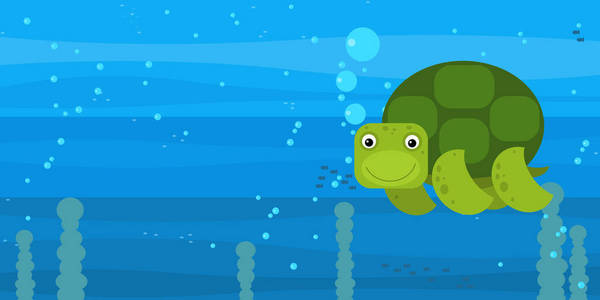 龟水下的插图快乐卡通水下场景与游泳珊瑚礁鱼龟与空间文字插图照片
