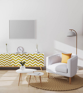 时尚的斯堪的纳维亚风格客厅中的空白水平相框现代公寓内部配有白色扶手椅和黄色枕木咖啡桌和橱柜客厅模型3d渲染