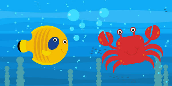 快乐卡通海底场景与游泳珊瑚礁鱼插图照片