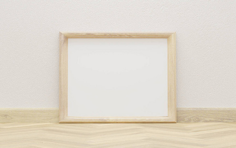 木制相框，添加您的内容在白色墙壁背景3d插图渲染木地板