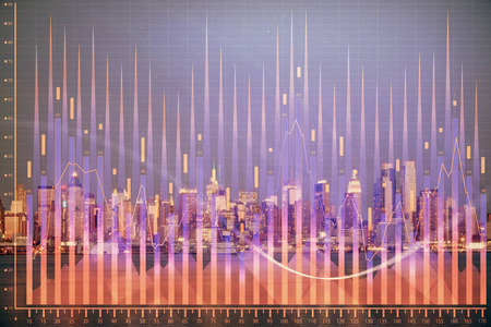 金融图形夜市景观与高楼背景双重曝光。分析概念。