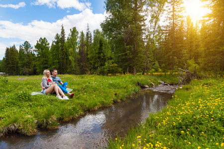 享受 男人 夏季 野餐 森林 自然 夫妇 假期 家庭 女人