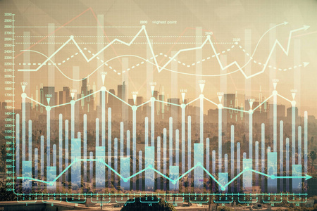 外汇图表城市景观与摩天大楼墙纸多曝光。金融研究概念。