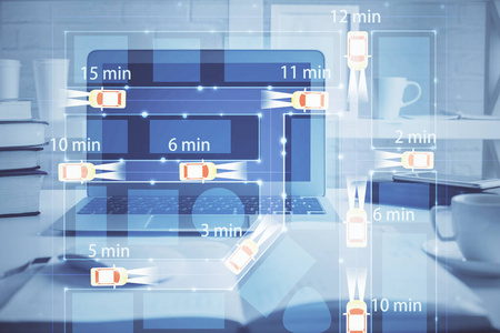 办公室桌面电脑背景与汽车全息图绘制。多重曝光。技术概念。