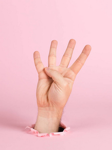 男性的手伸出一个粉红色背景的纸洞。四个手指签名，复制空间。