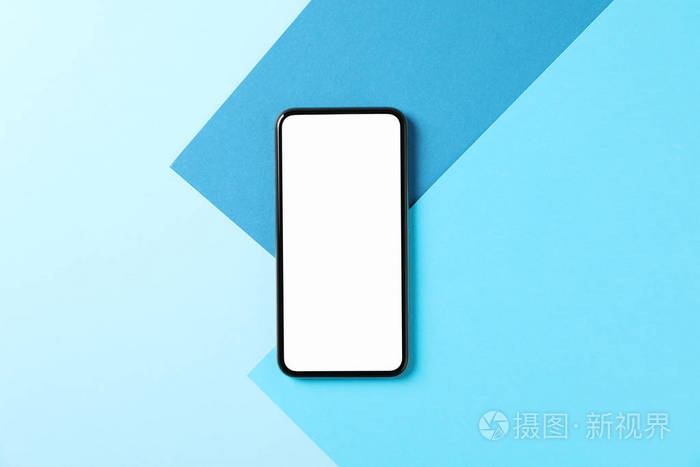 三色调背景下的空屏幕手机俯视图