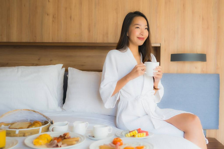 Portrait beautiful young asian woman happy enjoy with breakfast 