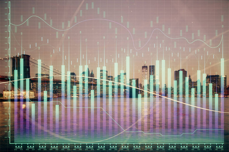 金融图形夜市景观与高楼背景双重曝光。分析概念。