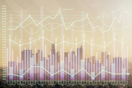 外汇图表城市景观与摩天大楼壁纸双重曝光。金融研究概念。