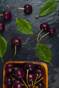 Ripe sweet cherry in a wooden bowl 