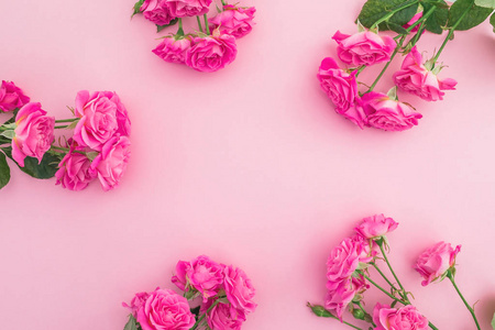 粉红色背景上玫瑰花做成的花架。平躺，
