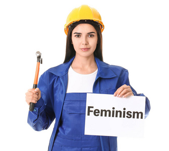 白色背景下举着文字女权主义海报的女工