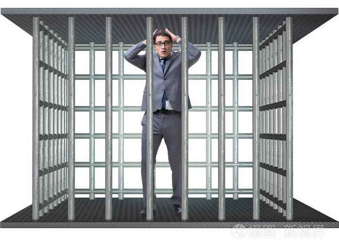 关在笼子里的商人被隔离在白色上