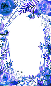 镶有蓝色玫瑰花的镜框。鲜花海报，请柬。用于装饰贺卡或请柬的水彩画作品。垂直方向
