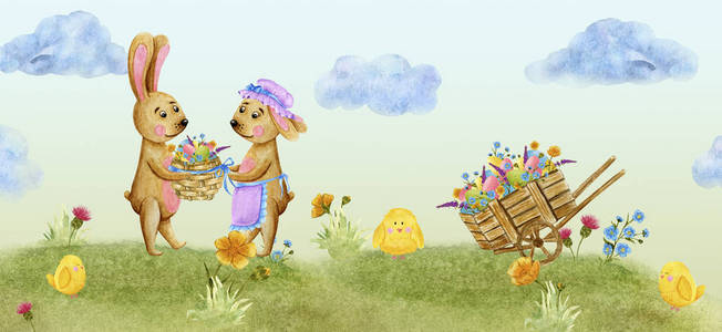 Easter banner, a family of rabbits in a village 