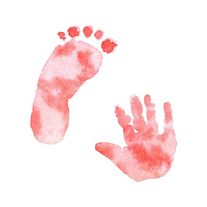白色背景上孤立的水彩画可爱的婴儿脚印
