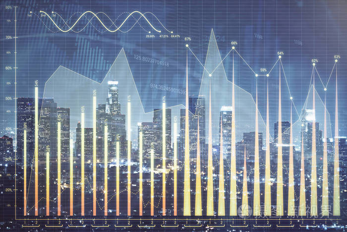 高楼背景多重曝光的城市景观外汇图表。金融研究概念。