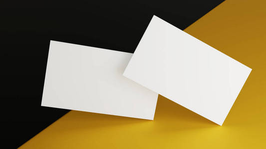 White business card mockup stacking on yellow black color table 