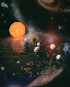 太阳系行星，彗星，太阳和恒星。太阳，水星，金星，地球，火星，木星，土星，天王星，海王星。这张图片的元素由美国宇航局提供。