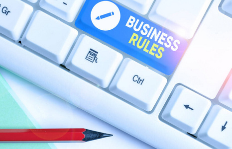 展示商业规则的概念性手写体。商业照片展示了约束或定义企业的特定指令。