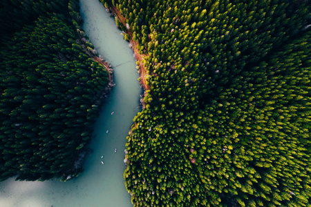 Lake with small boats seen from a drone 