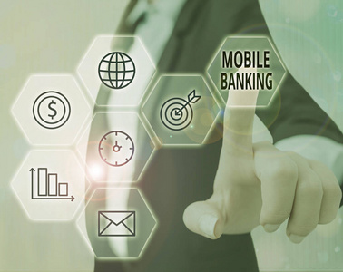显示手机银行的文字标志。概念图片使用手机设备执行网上银行任务。