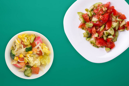  Vegetarian salad with cucumbers, tomatoes and green onions. Veg