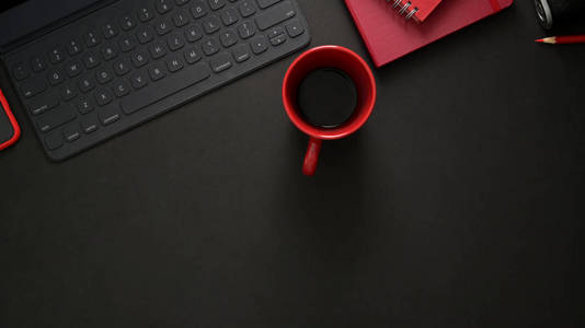 Top view of stylish workplace with wireless keyboard,  sup