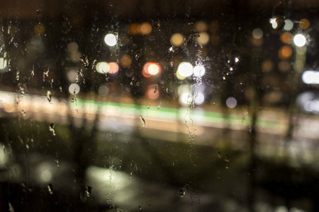 夜市背景下窗外的雨滴