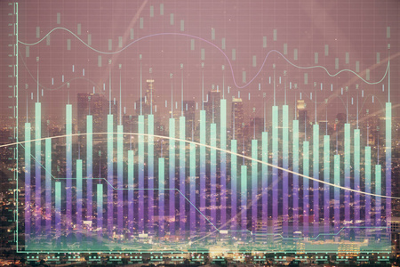 金融图形夜市景观与高楼背景双重曝光。分析概念。