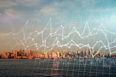 外汇图表城市景观与摩天大楼壁纸双重曝光。金融研究概念。