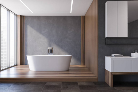 灰色木制浴室浴缸和水槽