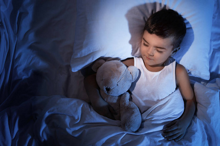 小男孩和泰迪熊睡在家里，俯视图。就寝时间