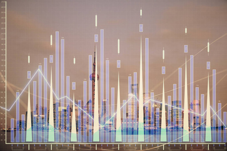 高楼背景多重曝光的城市景观外汇图表。金融研究概念。