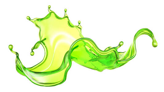 美丽的绿色液体飞溅。三维插图，三维渲染。