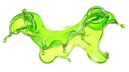 美丽的绿色液体飞溅。三维插图，三维渲染。