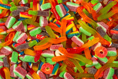 Assorted gummy candies. Top view. Jelly  sweets background. 